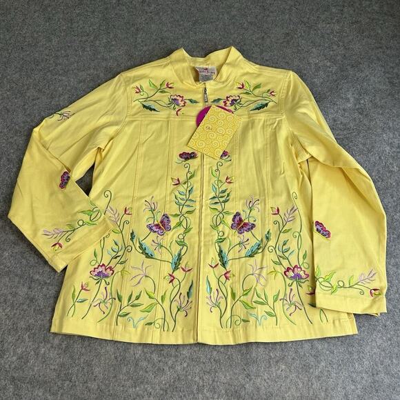 Quaker Factory Jacket Womens M Yellow Full Zip Embroidered Lightweight Pockets - Picture 1 of 8